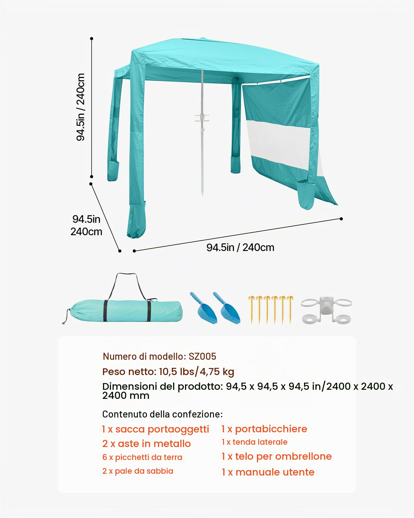 VEVOR Tenda da Spiaggia da 2400 x 2400 x 2400 mm, con Parete Laterale, Facile da Montare, con Tasche per la Sabbia, Ombrellone Parasole Portatile Regolabile in Altezza per Famiglia e Amici, Verde
