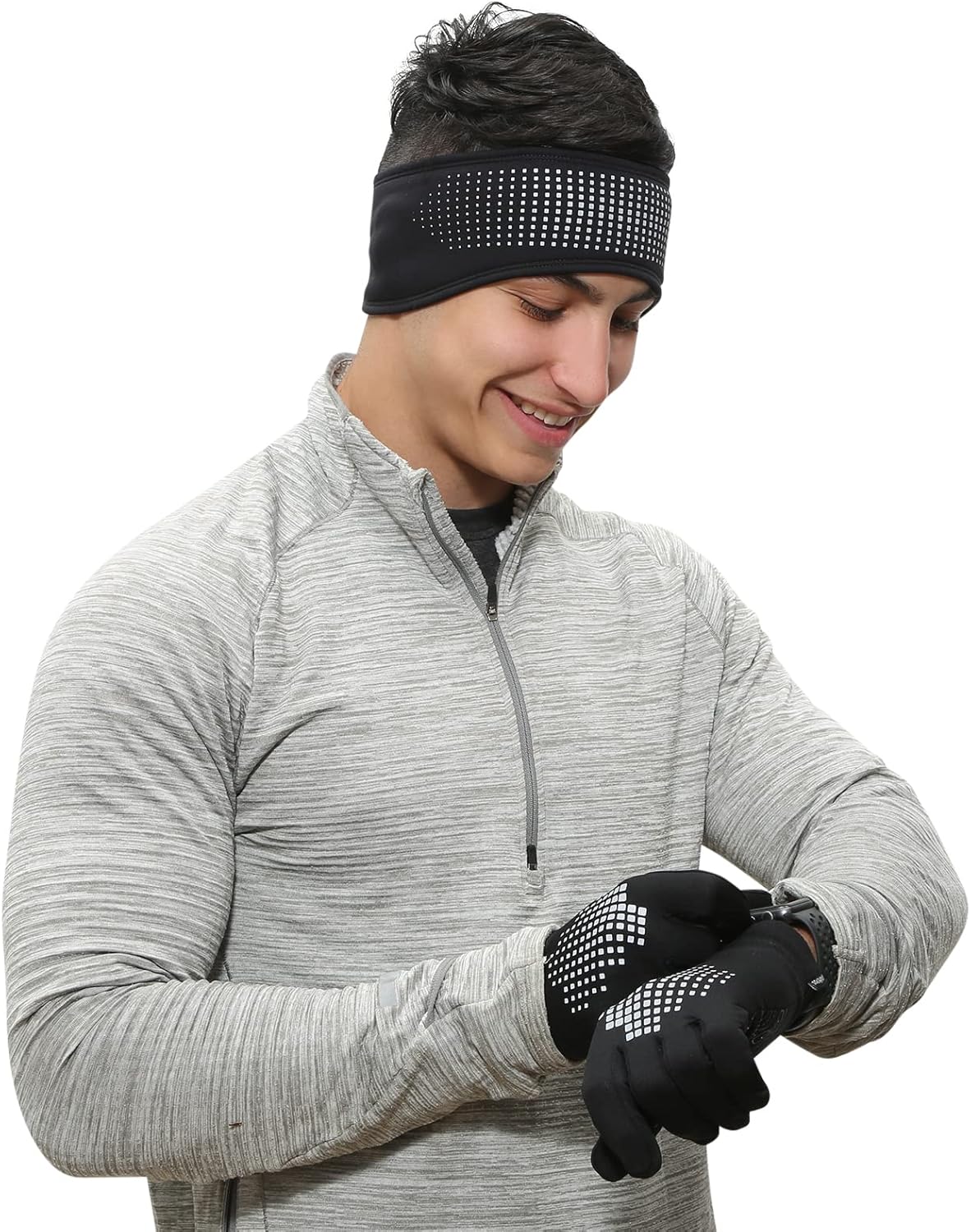 TrailHeads Tempo Reflective Running Headband and Lightweight Touchscreen Running Gloves Gift Set - Black/Reflective
