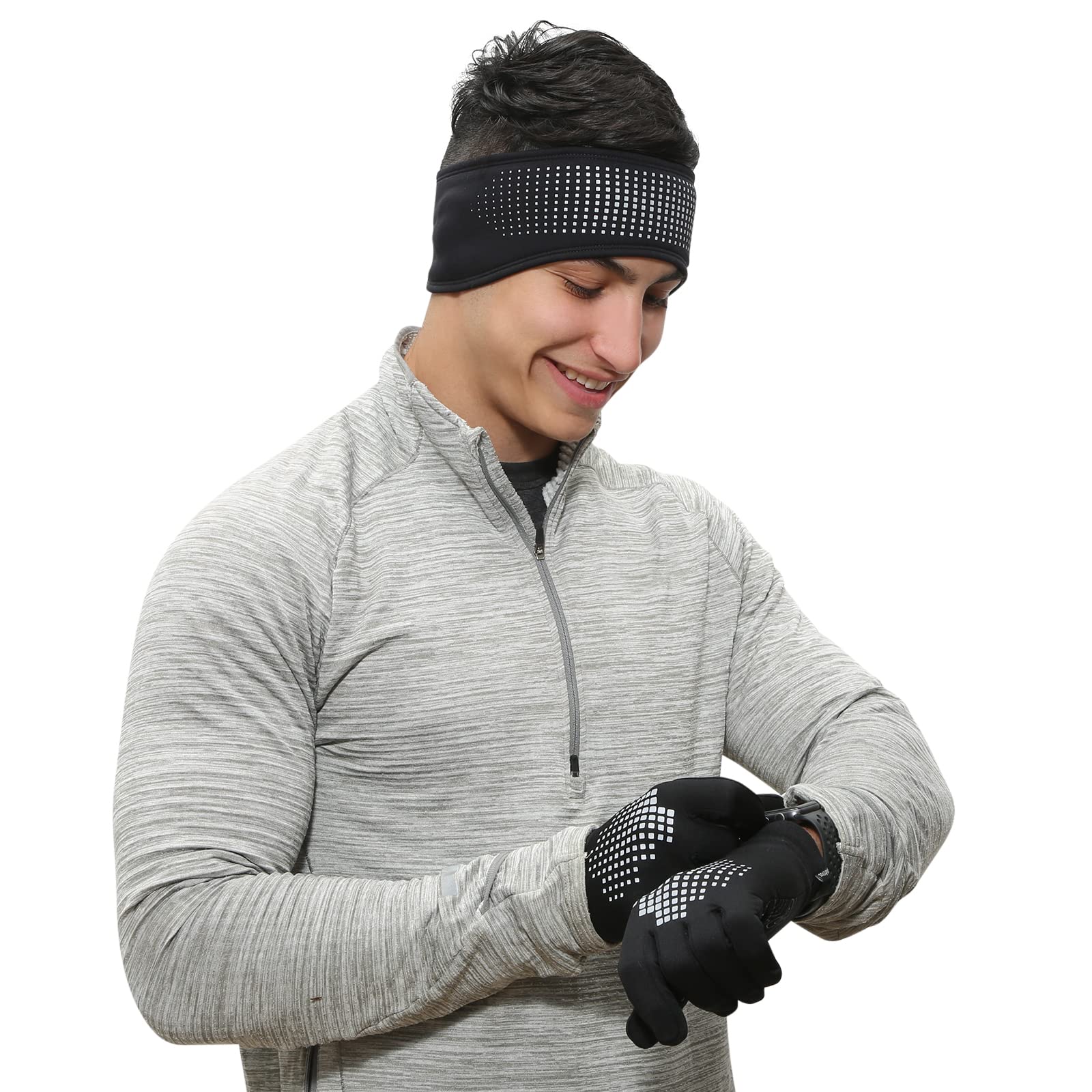 Gift Set - Reflective Running Headband and Lightweight Touchscreen Running Gloves - Black/ Reflective-image-43