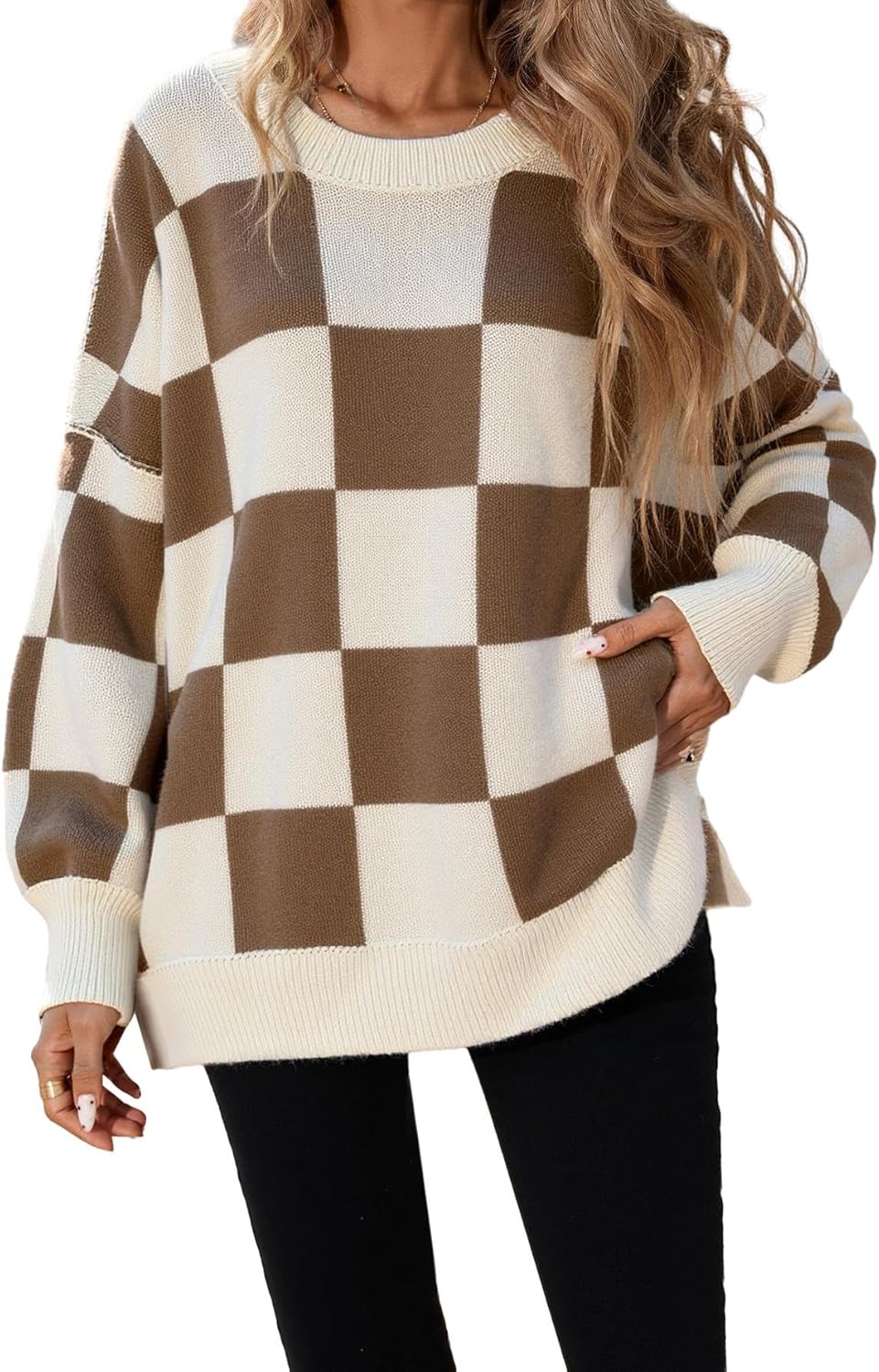 SunnyMelody Womens Oversized Batwing Sweater Fall 2025 Crew Neck Pullover Knit Tops - Outside Seam, High-Low Hem, Side Slit