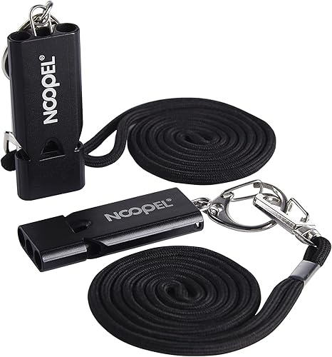 Whistle Emergency Noopel - Silbatos de supervivencia de tres tubos, paquete de 2 con cordón y llavero para senderismo, camping, kayak, deportes,