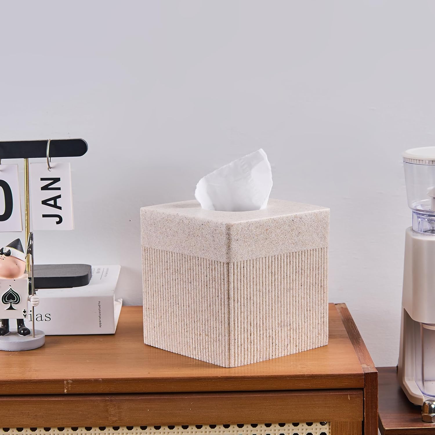 Sandstone Ribbed Tissue Box Cover – Modern Resin Cube Holder for Bathroom, Bedroom, Office – Decorative Square Tissue Box for Countertop, Nightstand, Vanity & Desk – Heavy&Sturdy