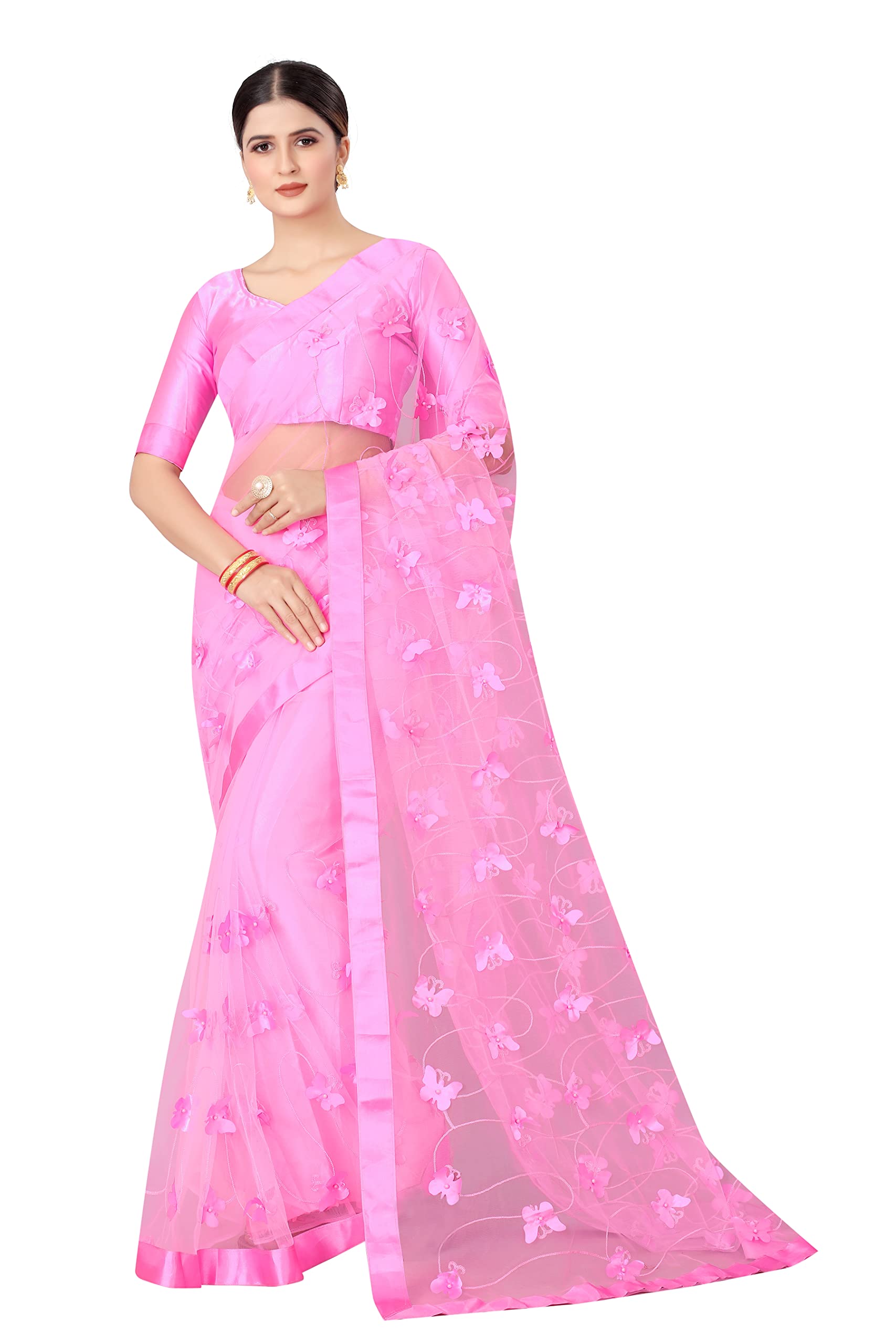 CLEZORA Women’s Embroidered Work Floral Figure Heavy Net Saree With Blouse Piece, (Pink)