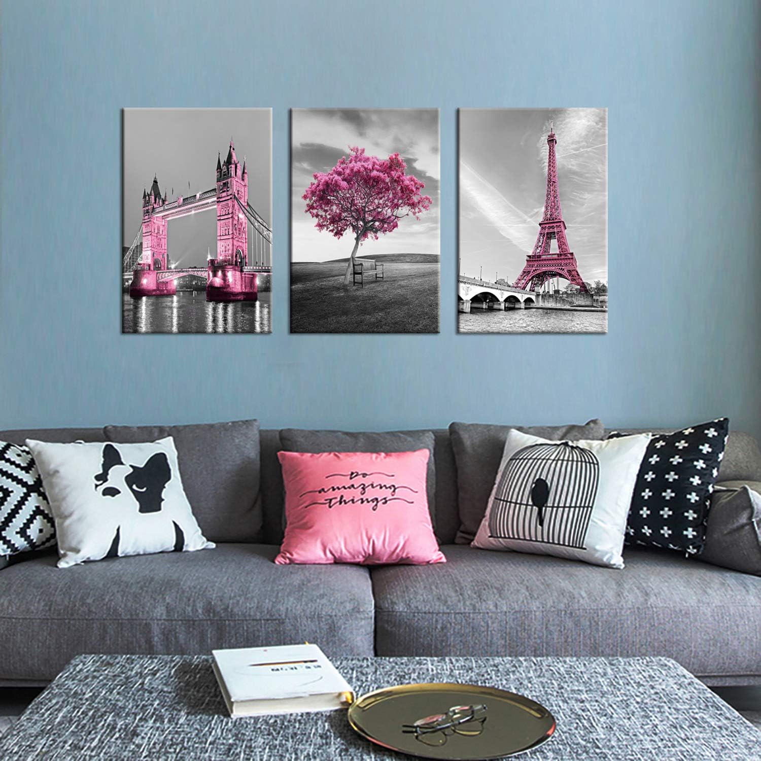 Decor for Bedroom for Girls Pink Paris Theme Room Decor Wall Art Canvas Black and White Art Eiffel Tower Pictures Decorations Tower Paris Eiffel Tower Painting Framed (16"x24"x3Panles)