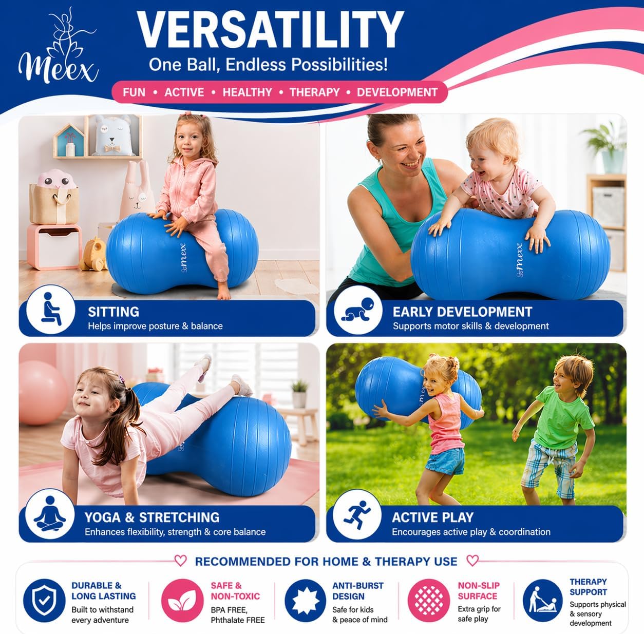 Meex Sensory Peanut Ball for Kids Therapy and Exercise - Enhance Balance, Motor Skills and Physical Therapy Calming Development with Our Yoga Ball - Flexible Seating for Autistic Children