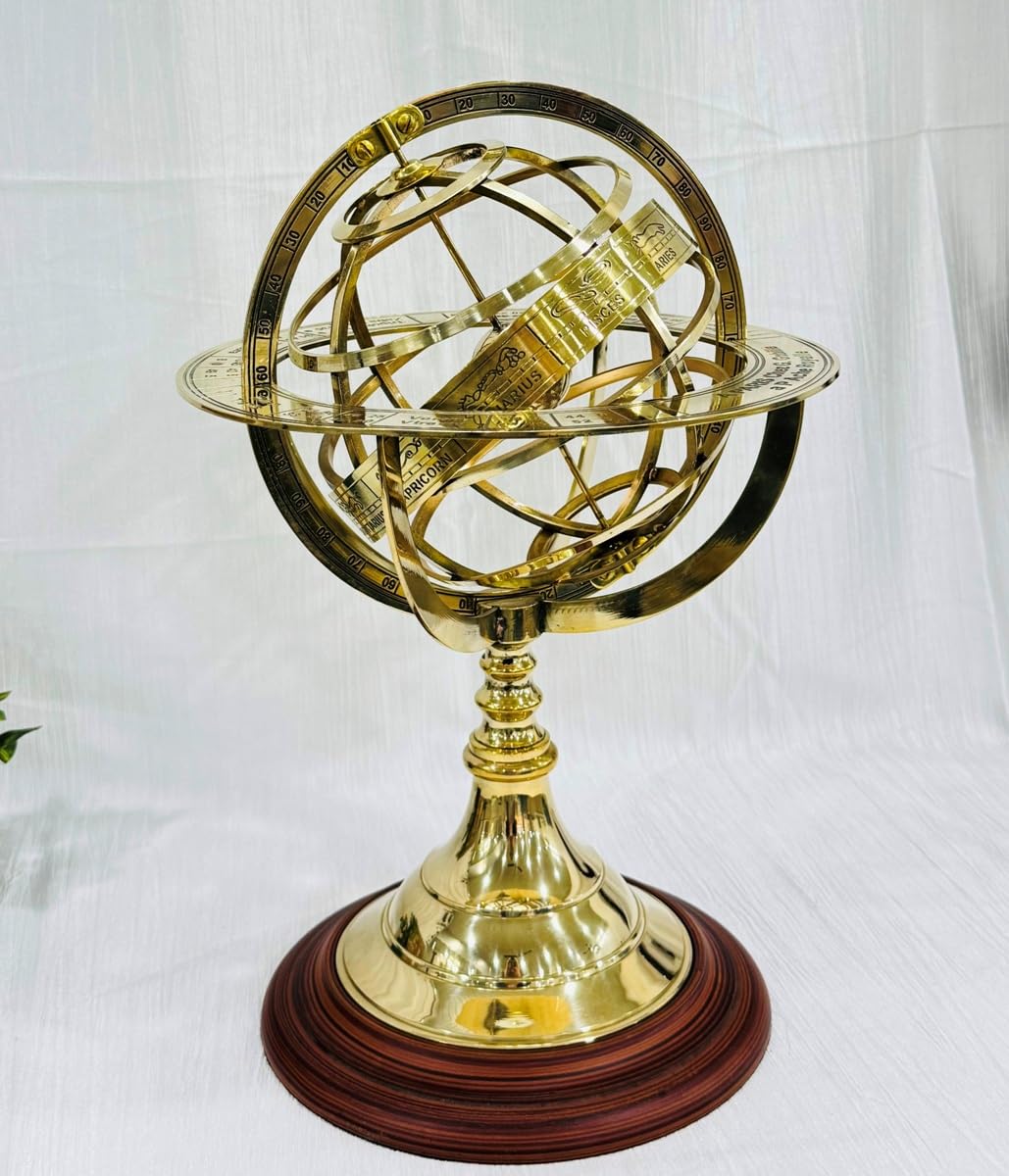 Antique Vintage Zodiac Armillary Brass Sphere Globe Wooden base Pirate's Antique Ship Nautical Sphere Globe (Brass 15 inch)