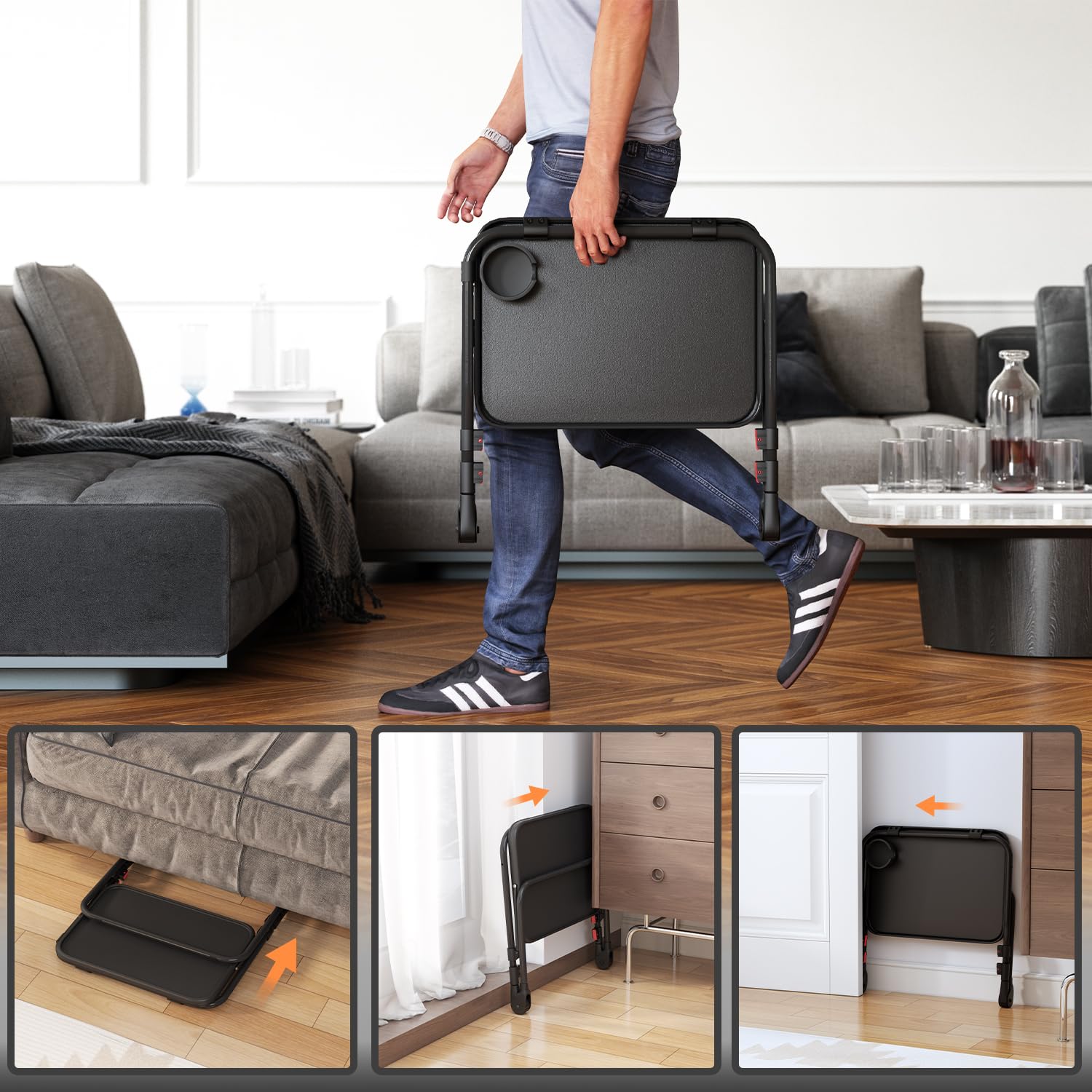 MEUBLE Cosy Mesa Auxiliar Plegable Ajustable, Mesa para Sofá con Tablero Inclinable, Portavasos, Mesa Lateral sin Montaje para Salón, Cama, Sofá y Espacios Pequeños, Negro