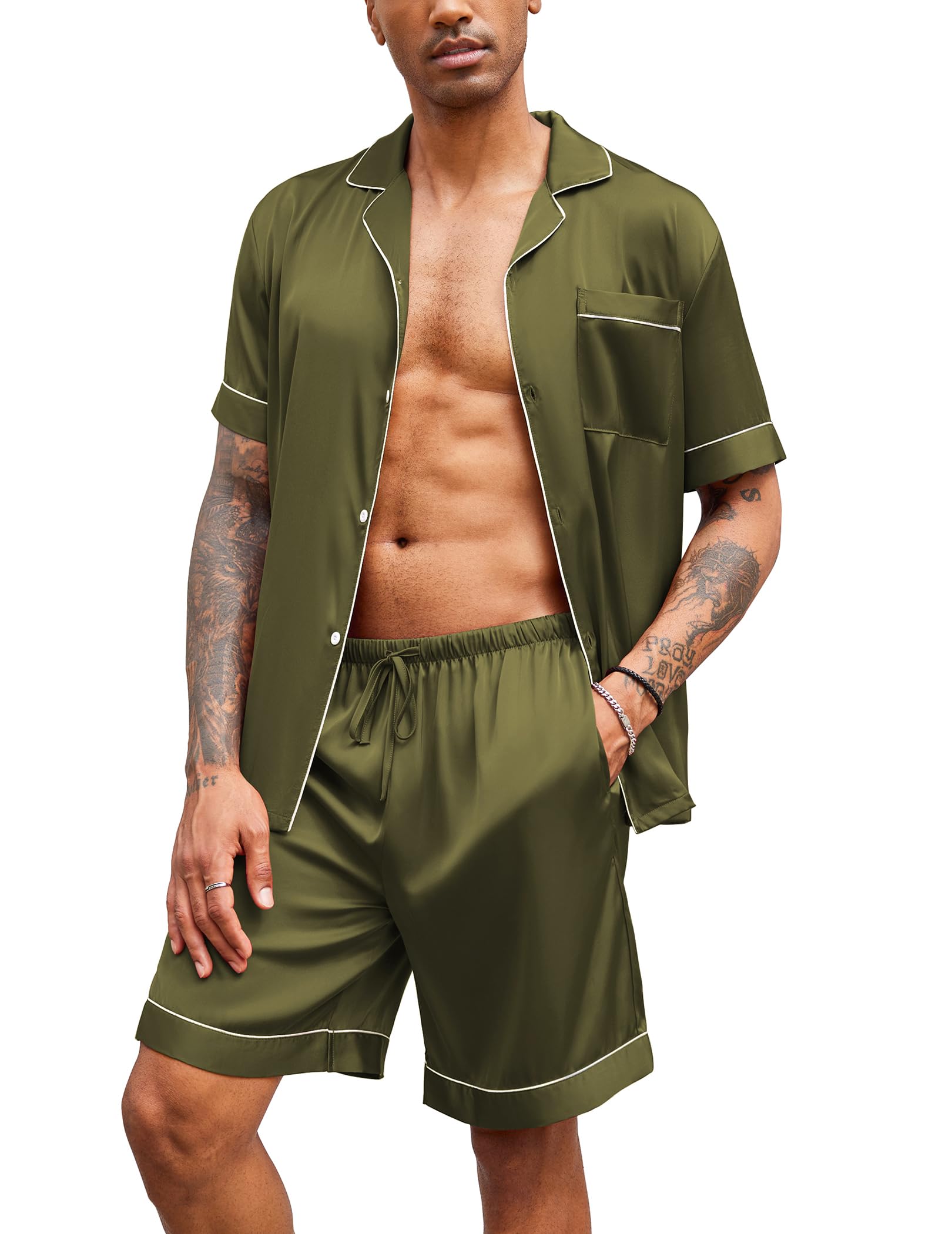 Ekouaer Mens Silk Satin Pajamas Set Short Sleeve Button Down 2 Piece PJs