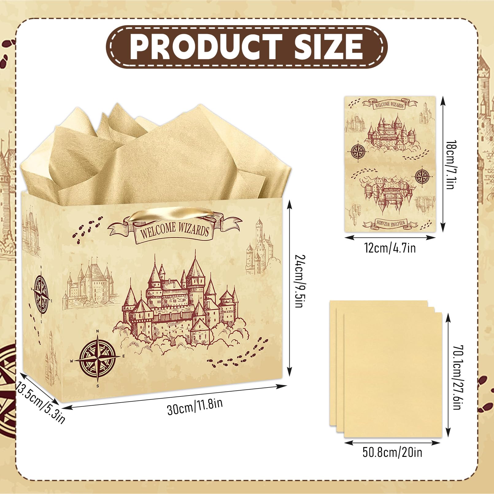 Magical Wizard Gift Bag, Large Wizard Theme Birthday Gift Bag, with Card and Tissue Paper, Christmas Party Favors Supplies for Baby Shower, Kids, Boys, Girls, Birthday, Christmas Celebrations
