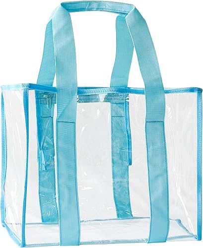 Clear PVC Tote Bag Waterproof Beach Bag with Zipper 13.78x11.8x6.89 inches Pink Trim Transparent Stadium Pool Bag