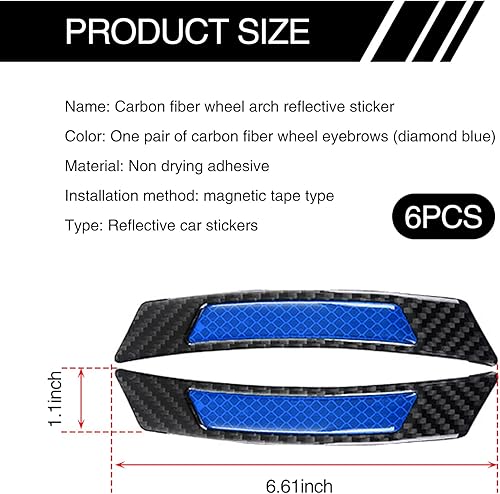 Miniatura 2 de GKmow 6 calcomanías reflectantes para ruedas de automóvil, fibra de carbono, antiarañazos, decoración nocturna antiarañazos, tiras reflectantes de