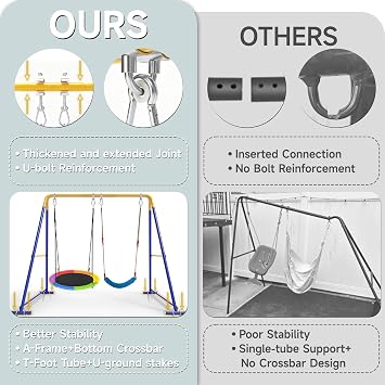 Swing Sets for Backyard, 440lbs Metal A-Frame with Saucer & Belt Swing