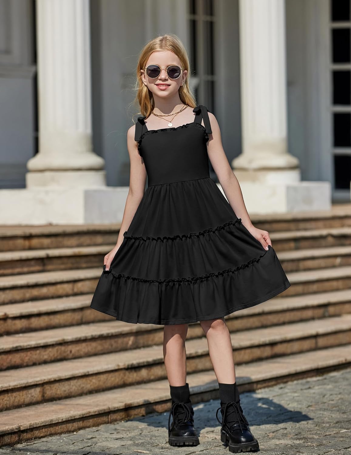 Arshiner Girls Summer Dress Tween Boho Casual Bowknot Strap Sleeveless Swing Flowy Ruffle Tiered Sundresses with Pockets - Image 2