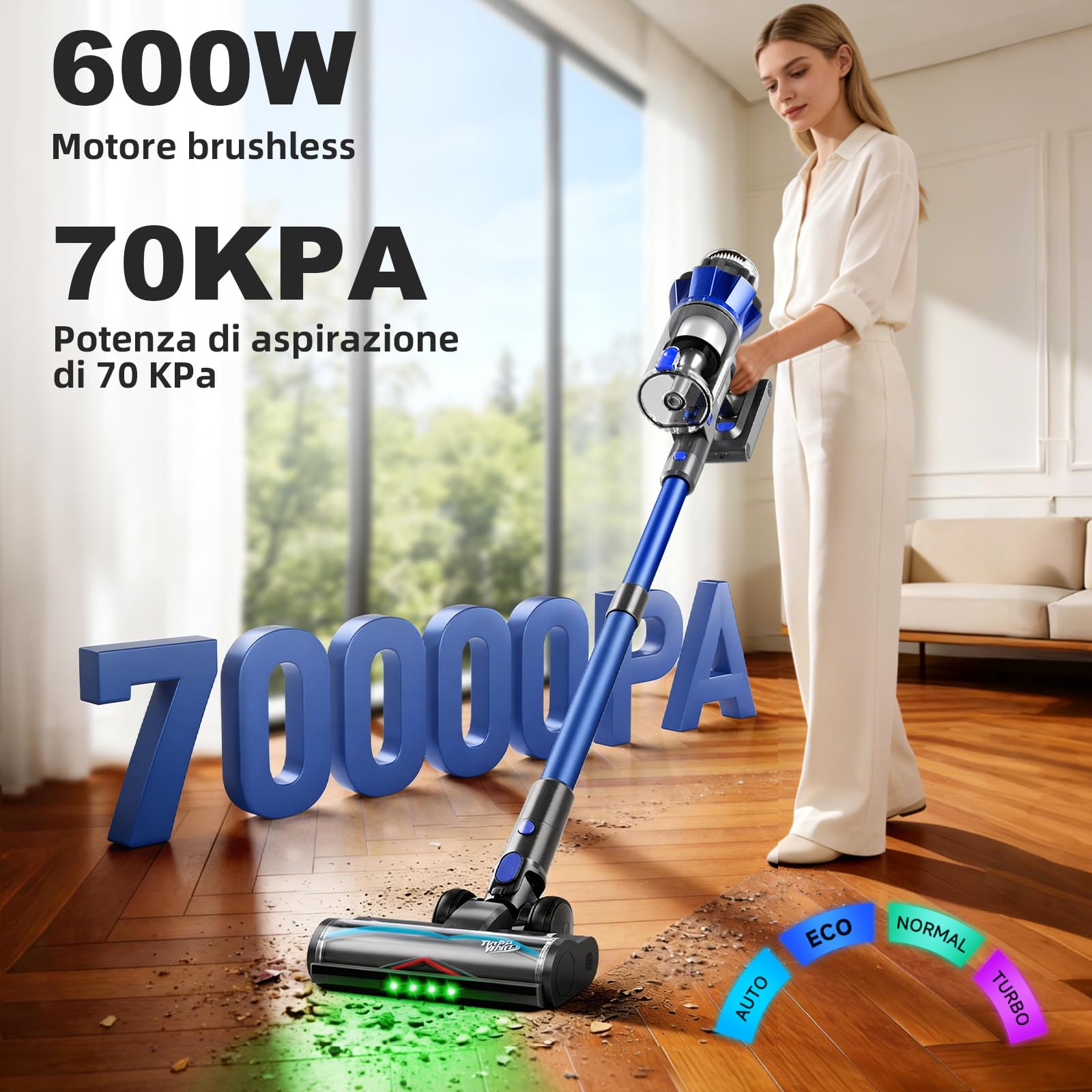 Hearten Aspirapolvere Senza Fili, 70000Pa/ 600W/ 65min/ 1,8L, 4 Livelli Potenza, Display LED Colorato, Rilevamento Polvere, Flessibile Incluso, Filtrazione 8 Livelli, Peli Animali, Pavimenti Duri,Auto