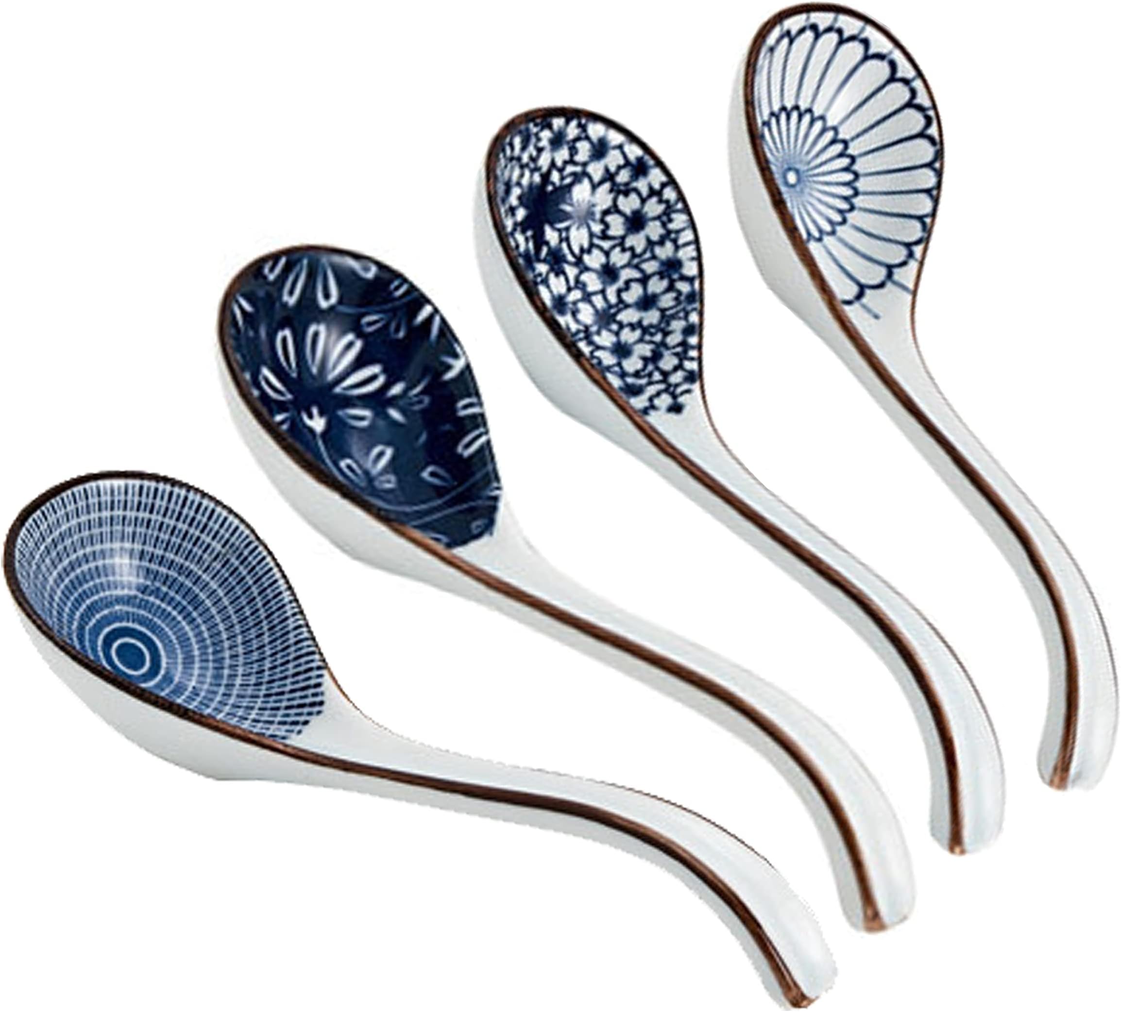 Ceramic Soup Spoons Set of 4,Asian Soup Spoon,Chinese Long Ramen Spoon,Japanese Soup Spoons for Pho,Wonton,Noodles,Non-slip Bottom,4Pcs