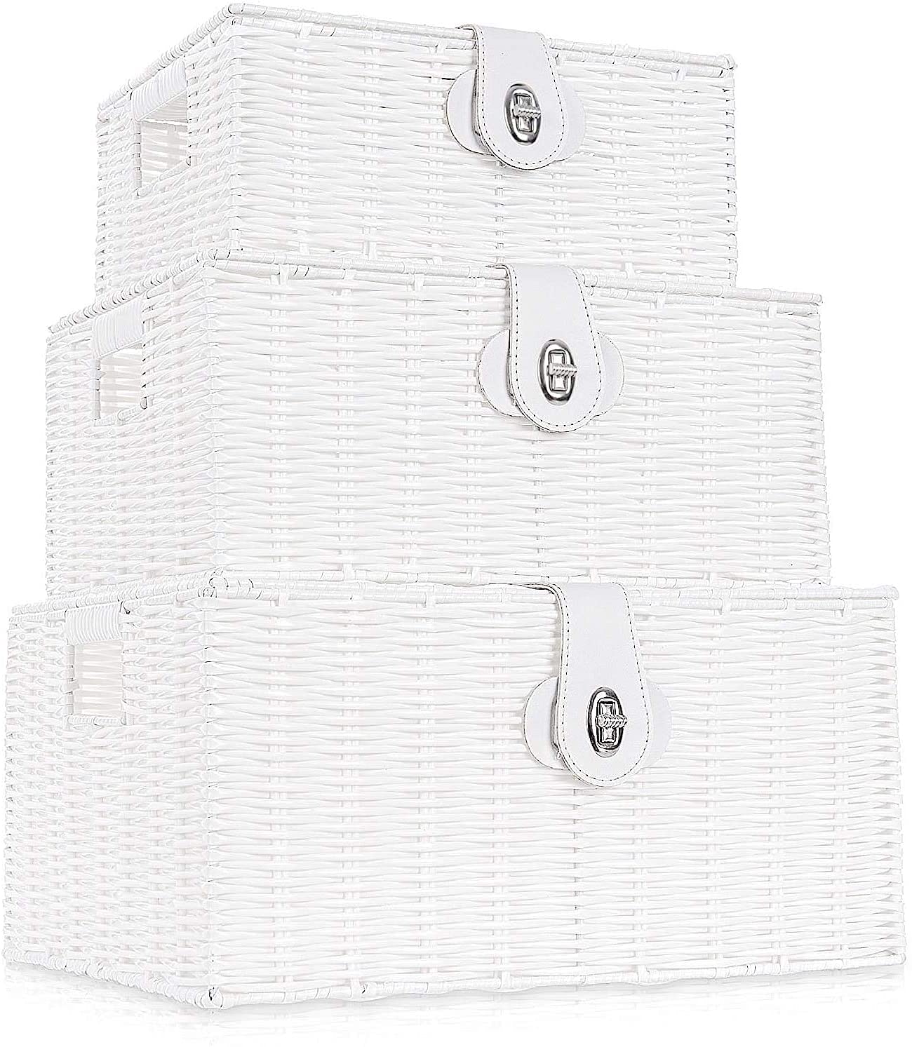 G&T GT Set of 3 Woven Storage Basket Box Wicker Hamper Stackable Bin with Lid & Lock, Built-in Carry Handles, Organizer for Nursery, Baby Closet, Diaper, Toys, Home, Office, Laundry, DVD (White)