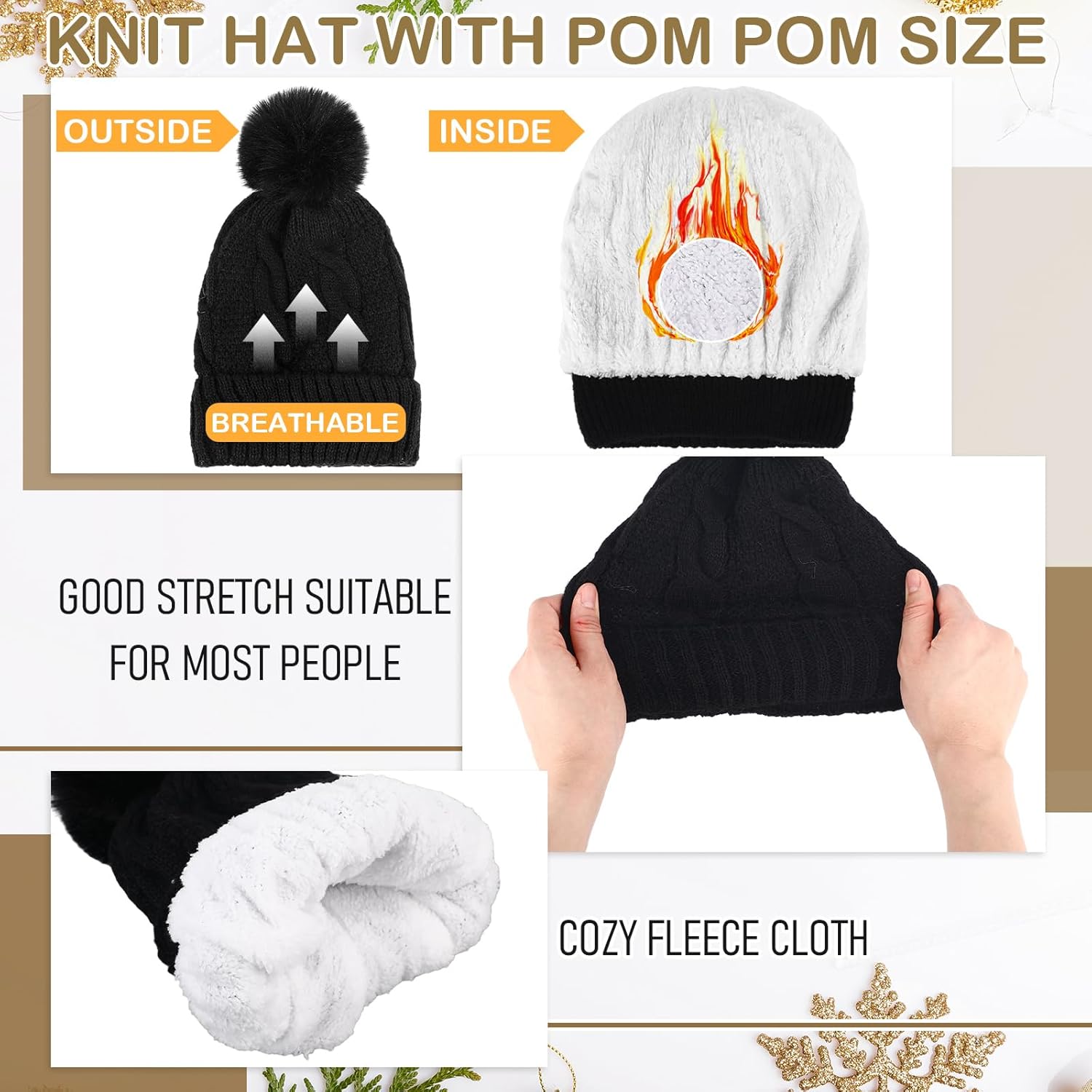 24 Pcs Women Knitted Beanie Winter Pompom Beanie Hat Bulk Fleece Lined Hat Multicolor Ski Skull Cap - Image 3