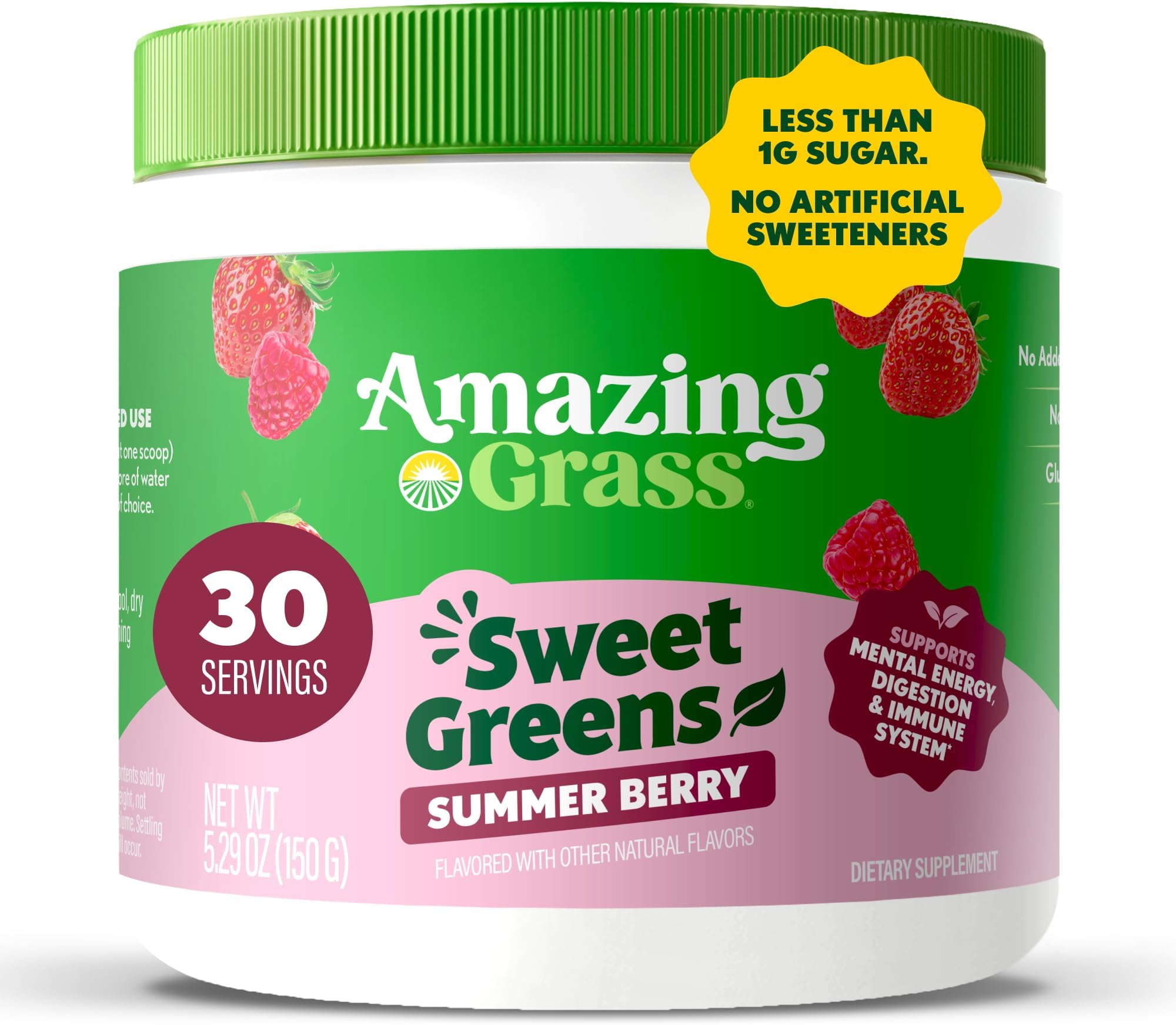 Sweet Greens and Superfoods Powder for Digestive Health, Greens Powder, Digestive Enzymes, Probiotics, Spirulina, Chlorella, Summer Berry, 30 Servings