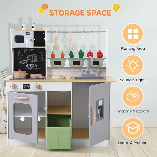 Miniatura 5 de Garveelife Juego de cocina de madera para niños, perfecto para jugar con luces y sonidos reales y accesorios de utensilios de cocina y cortar