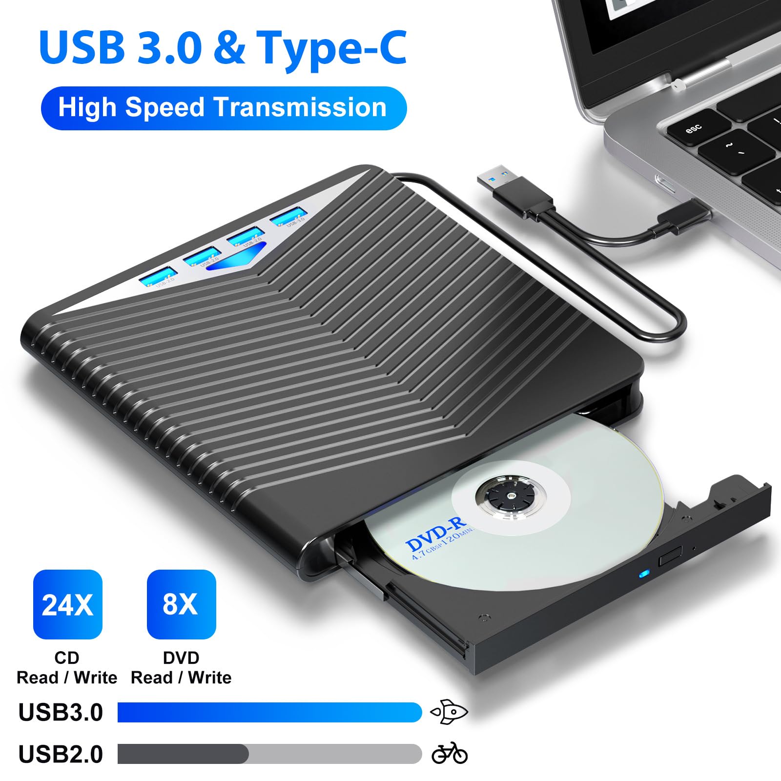 LINKEET Unidade externa de CD/DVD 7 em 1 para laptop, leitor de CD