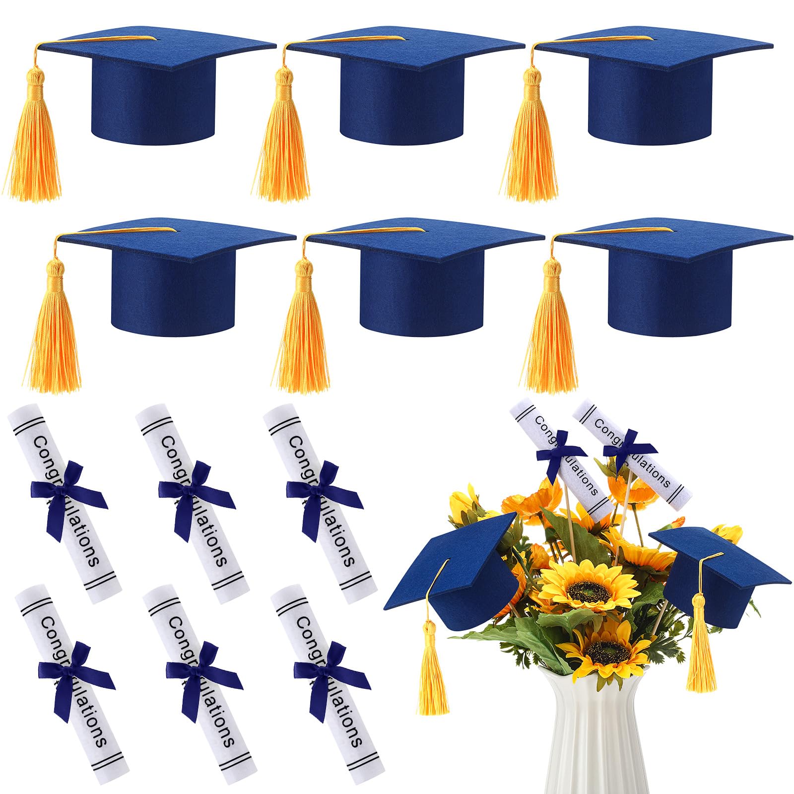 Breling 12 Pcs Blue and Gold Graduation Centerpiece Sticks Felt Graduation Scroll Diploma and Grad Cap with Tassel Decor 2025 Table Toppers