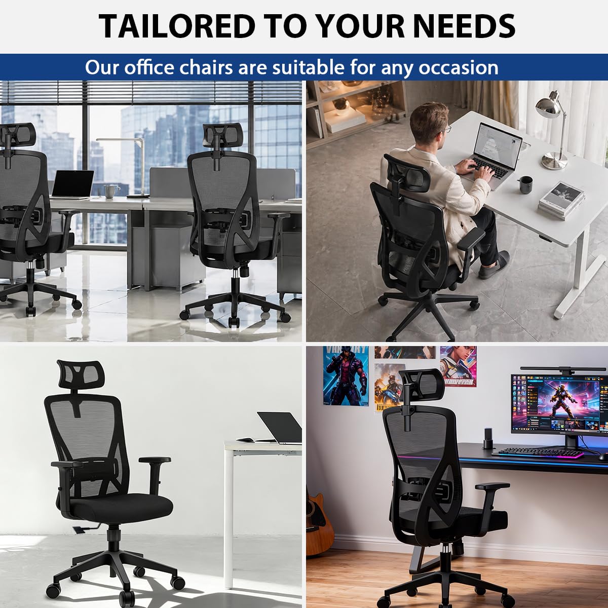 Durrafy Sedia da Ufficio Ergonomica, Poggiatesta & Supporto Lombare Regolabili, Rete Traspirante, 120° Inclinazione（Non bloccabile）, 360° Girevole, 150kg Carico. (nero)