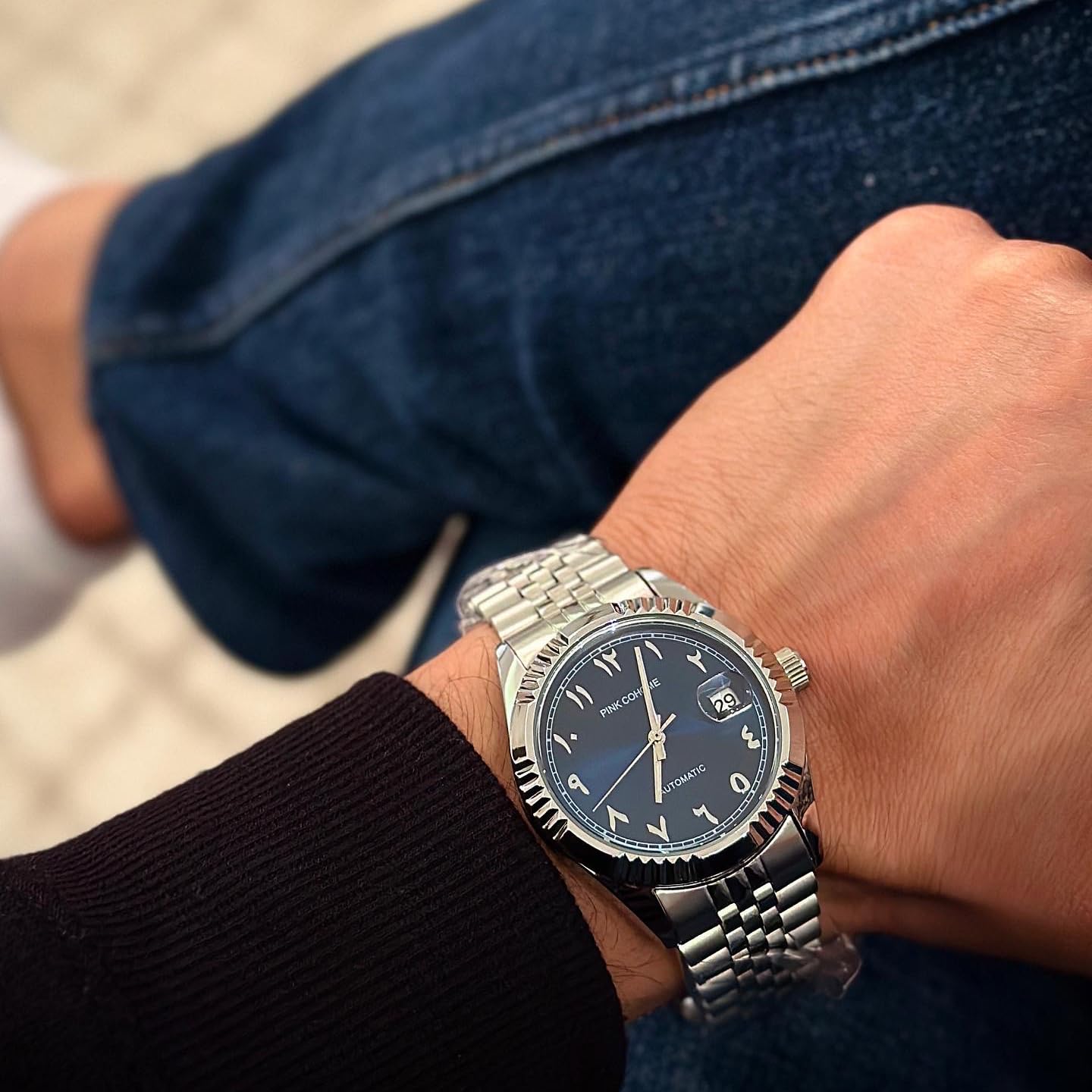 Boyarca Luxuriöse mechanische Stahluhr mit arabischen Ziffern, Automatikwerk, Urdu-Ziffern, 38mm Herrenarmbanduhr mit leuchtender, wasserdichter Datumsanzeige