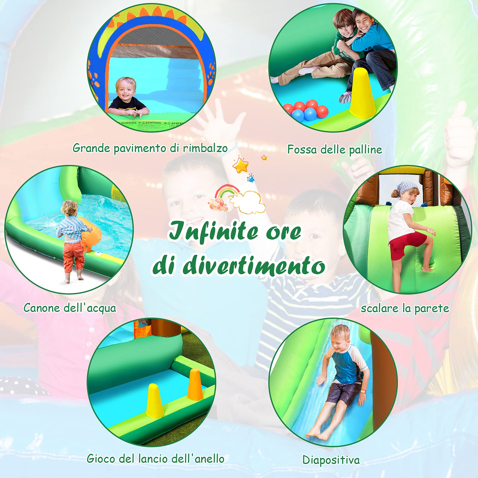 COSTWAY Castello Gonfiabile per Bambini, Parco Acquatico con Scivolo per Bambini, Piscina Trampolino e Palline, con Borsa da Trasporto, per 5 Bambini 3-10 Anni (con Compressore)