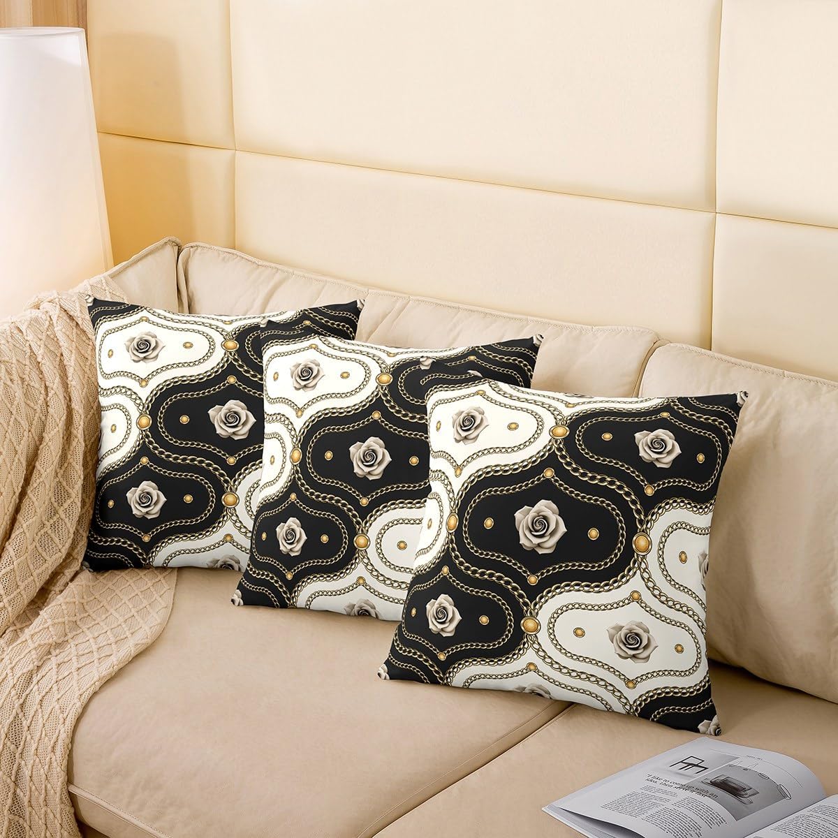 Erosebridal Pack of 4 Gold Rose Throw Pillow Covers 20x20 Black and White Damask Pillow Covers,Vintage Floral Luxury Baroque Style Pillow Covers for Girls Women Couple,Soft Lightweight Cushion Covers