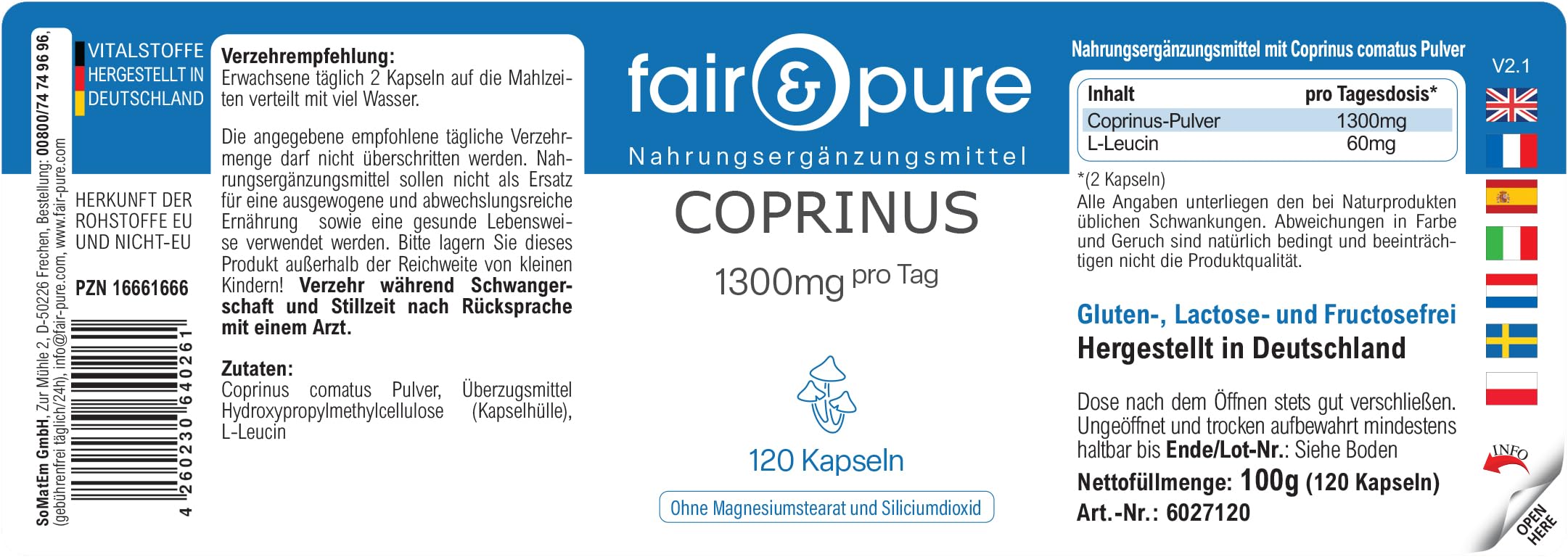 Fair & Pure Capsule di Coprinus 1300mg dose giornaliera, 120 pezzi, fungo coprinus, integratore alimentare vegano senza additivi, prodotto in Germania