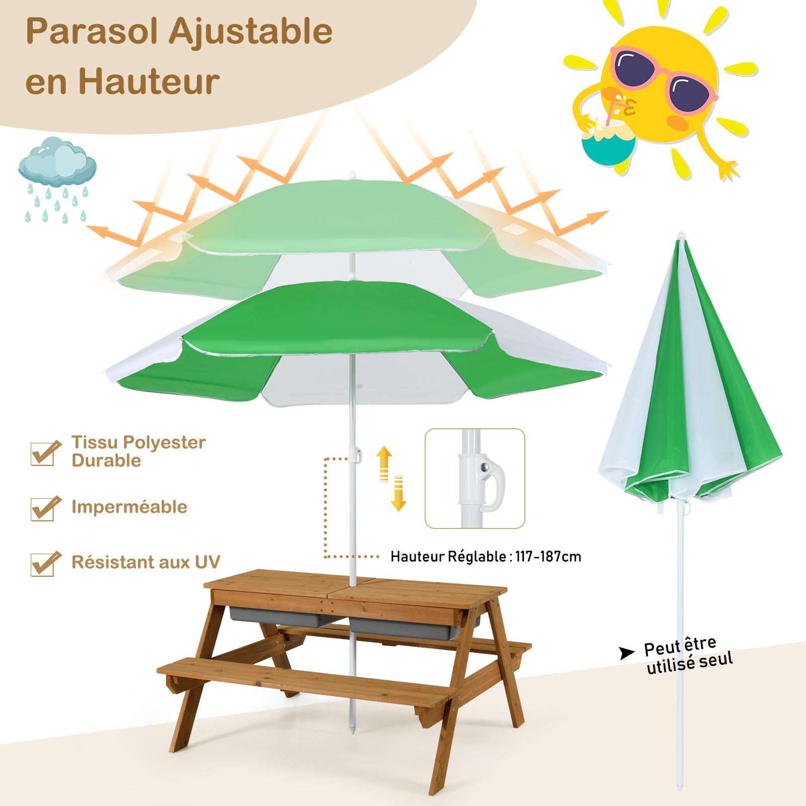 DREAMADE 3 en 1 Table de Pique-Nique Enfants 3-7Ans avec Parasol,Table de Camping et Bancs Pliable&Amovible,Plateau Détachable pour Jardin,Terrasse,Cadeau pour Garçons et Filles (Blanc+Vert)