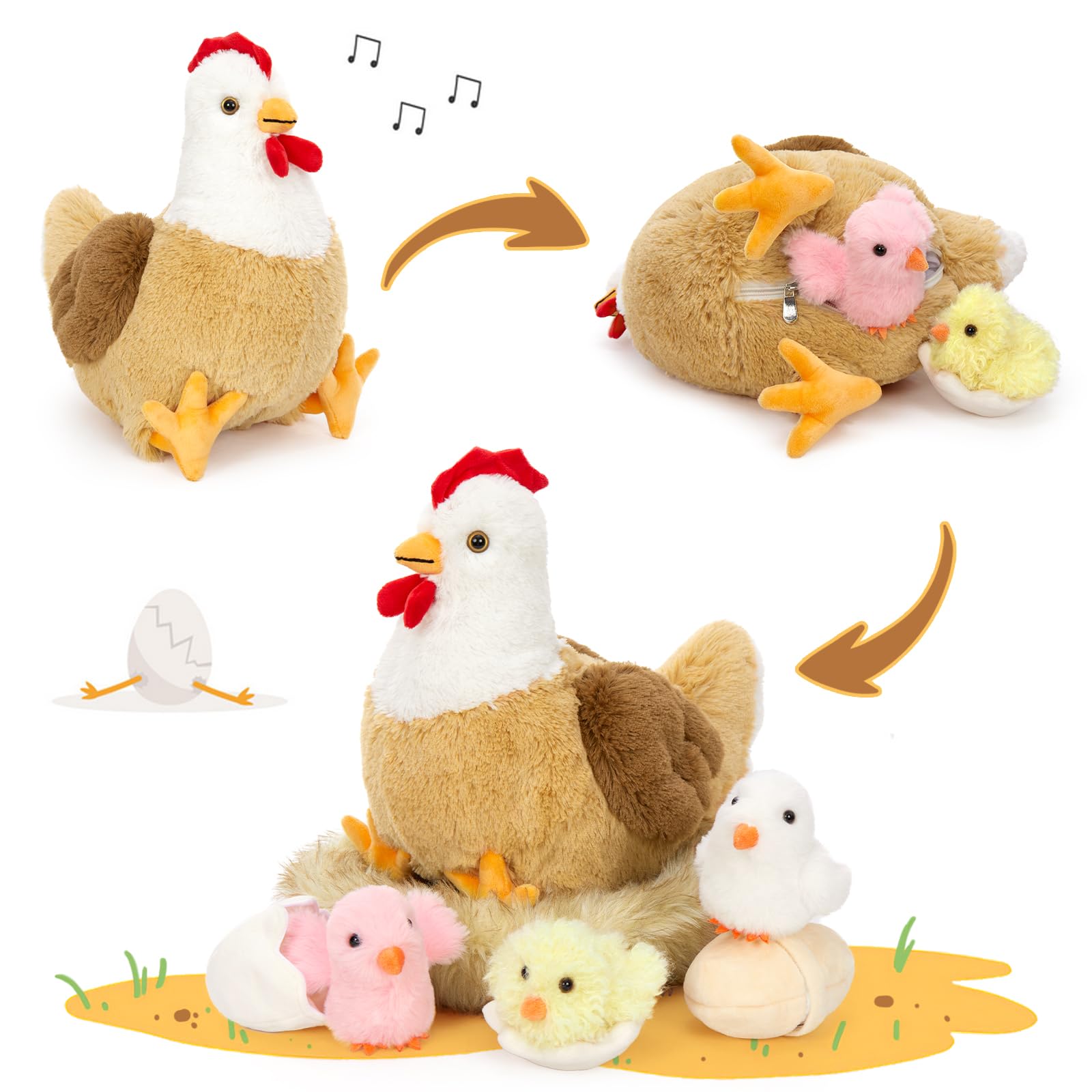 MorisMos Peluche a forma di gallina, 36 cm, con pulcini coccolosi all'interno, peluche a forma di gallina che giace a uova, peluche Kawaii soffice, regalo per bambini, decorazione di compleanno