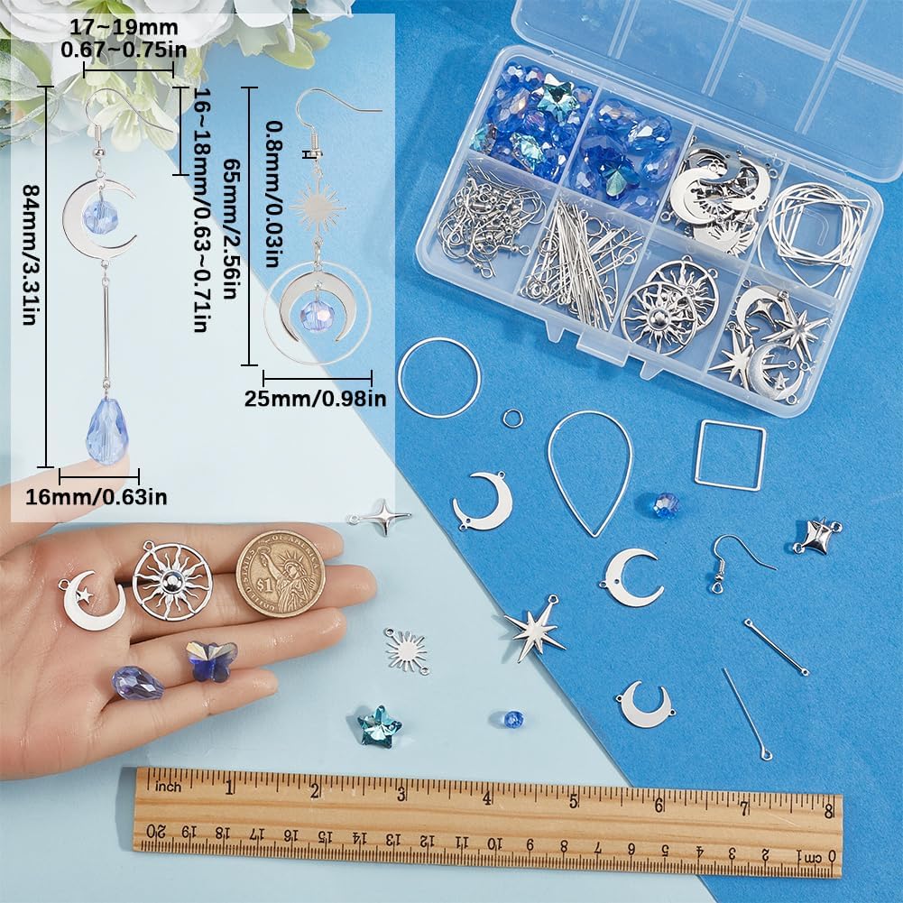 SUNNYCLUE 1 Box DIY 10 Pairs Moon Earring Making Kit Silver Moon Star Charms Blue Glass Moon Sun Clear Star Brass Connectors Charm with Teardrop Square Beading Hoop for Jewelry Making Dangle Supplies - Image 3