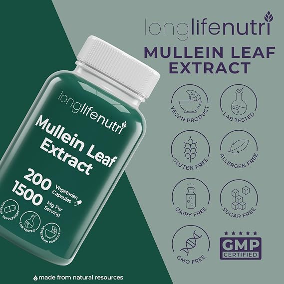LongLifeNutri Mullein Leaf 1500mg 10:1 Extract - 200 Vegetarian Capsules, from Organic Mullein Leaf Powder, Herbal Supplement for Respiratory Care, 2-Month Supply, Non-GMO, GMP Certified, Made in USA