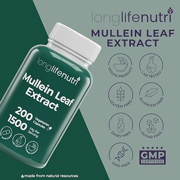 LongLifeNutri Mullein Leaf 1500mg 10:1 Extract - 200 Vegetarian Capsules, from Organic Mullein Leaf Powder, Herbal Supplement for Respiratory Care, 2-Month Supply, Non-GMO, GMP Certified, Made in USA