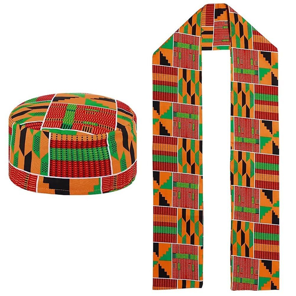 2 Pezzi Africani Kente Stampa Stola Fascia, Unisex Africano Modello Kente Scialle Cappello Kufi per Storia Africana Nera Uomo Bambino