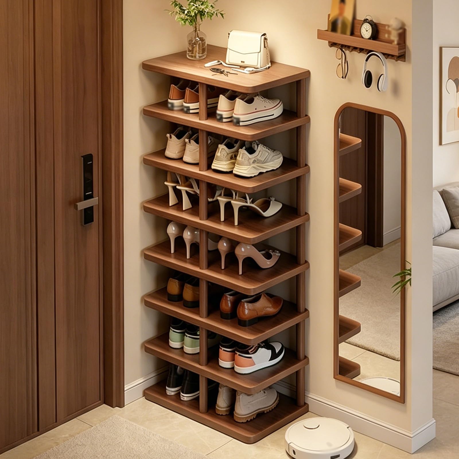 Étagère à chaussures gain de place meuble robuste 8 niveaux marron pour ranger l'entrée