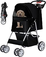 Azaeahom Foldable Pet Stroller for Small/Medium Dogs & Cats - 4-Wheel Jogger with Cup Holder, Storage Basket, Breathable Mesh, Black