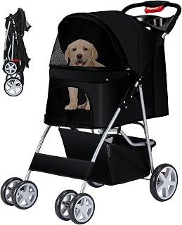 Azaeahom Foldable Pet Stroller for Small/Medium Dogs & Cats - 4-Wheel Jogger with Cup Holder, Storage Basket, Breathable Mesh, Black
