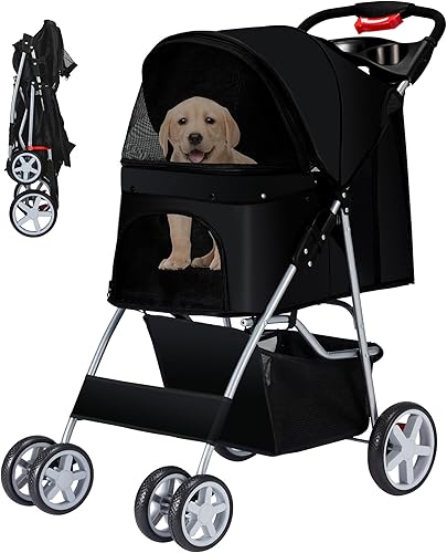 Miniatura 9 de Cochecito para mascotas, carrito de paseo para mascotas de 4 ruedas para perros y gatos medianos/pequeños, cochecito plegable para gatos/perros con