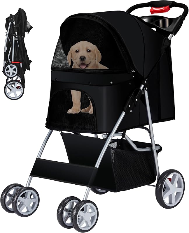 Carrinho dobrável para gatos e cães pequenos e médios com 4 rodas Azaeahom, preto