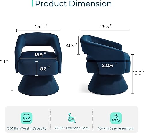 Miniatura 2 de LINSY Silla giratoria de barril 360, moderna silla giratoria Boucle, sillas redondas de terciopelo azul con brazos, silla de barril pequeño para