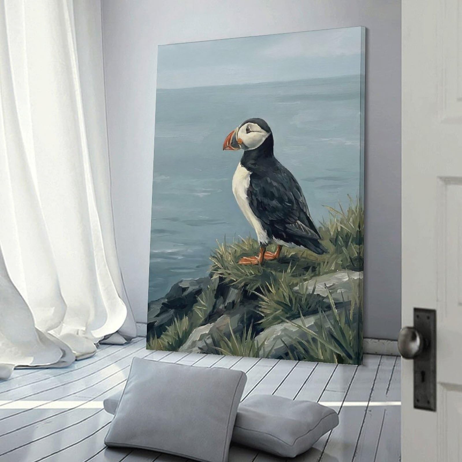 Junmoney Puffin on A Cliff Overlooking The Ocean Decorative Canvas Print 16x24inch(40x60cm), for Hallway, Bedroom Or Modern Interiors, Home Decor Gift with Stylish Appeal