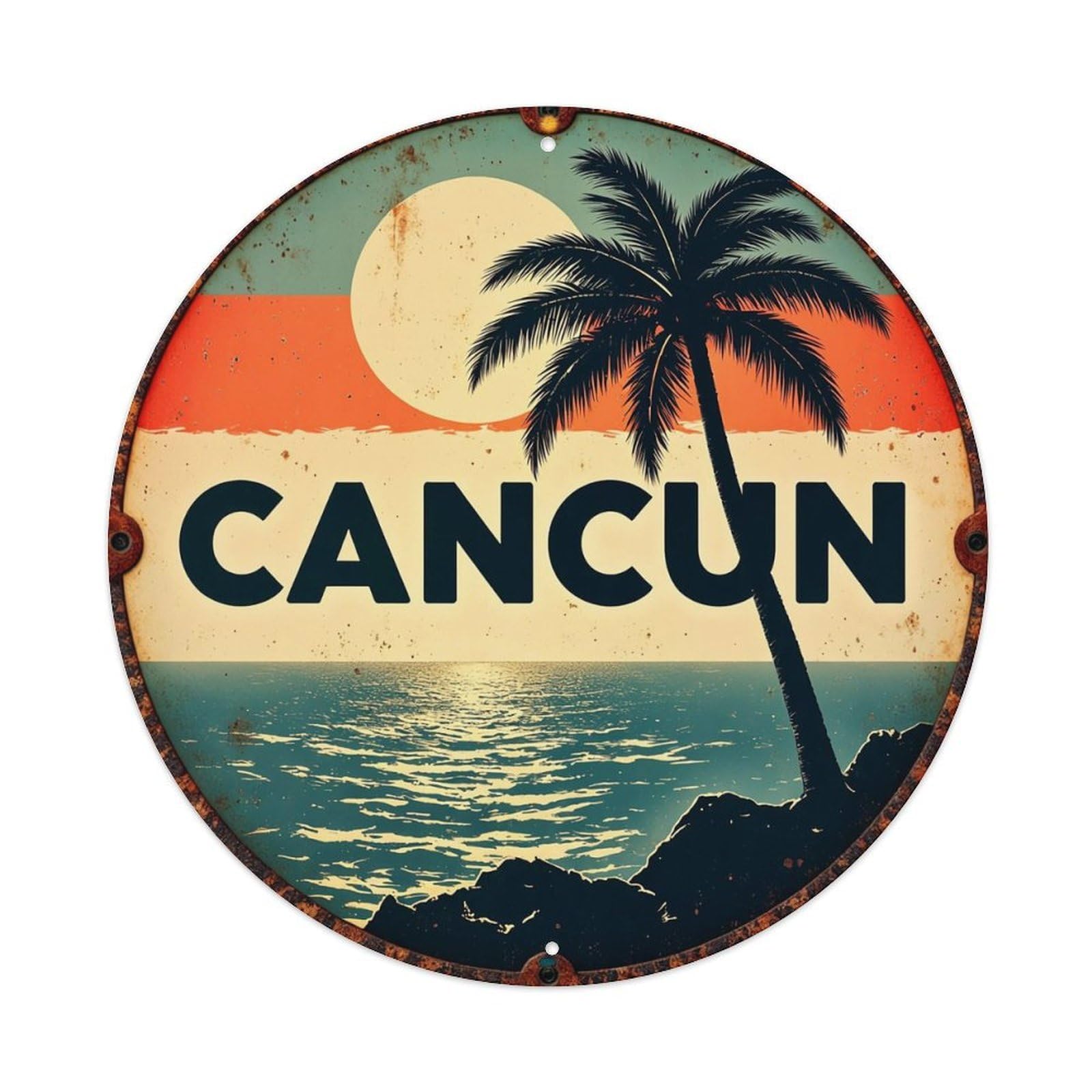 Tropical Sunset Palm Beach Sign Vintage Round Tin Sign Retro Metal Wall Decor Metal Poster, Home Bar Garage Cafe Wall Art Decoration 8x8Inches