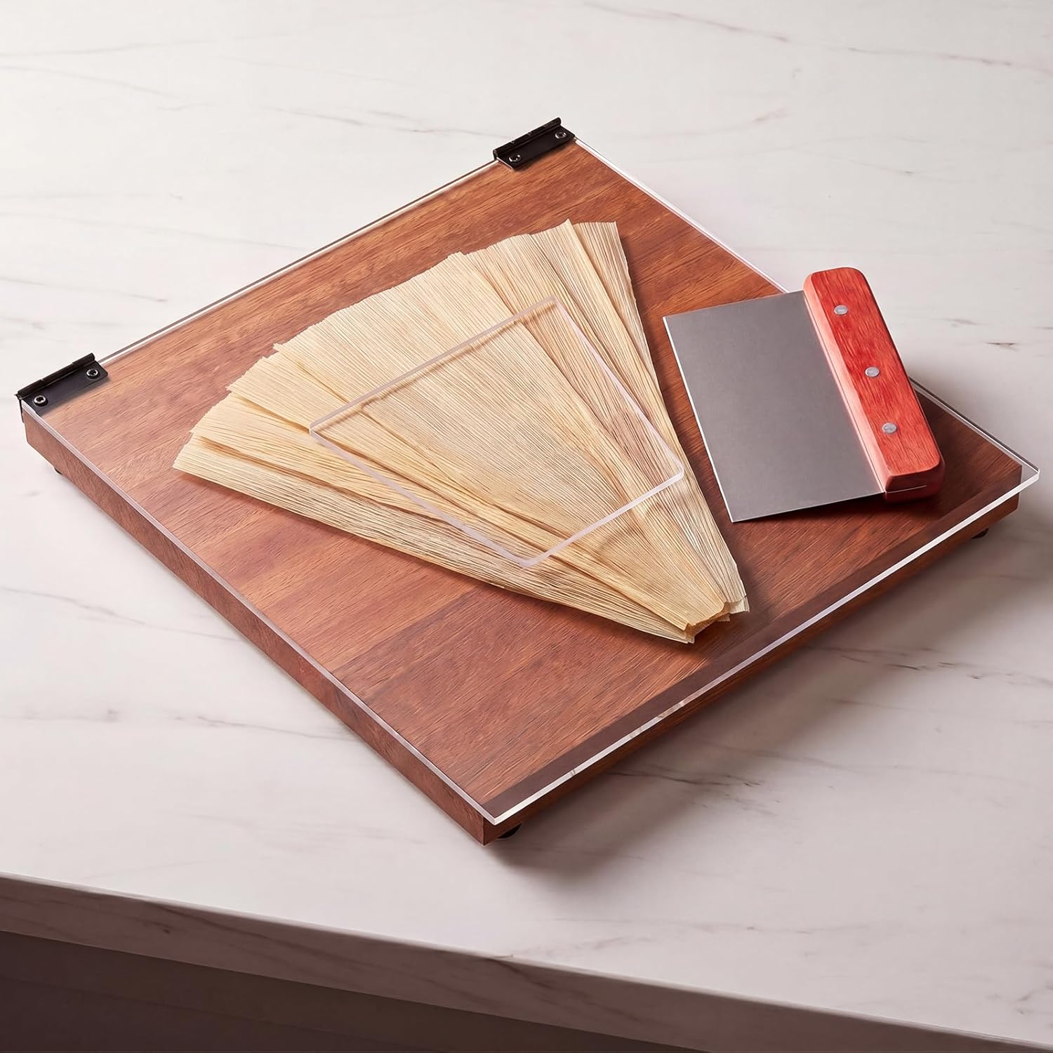 Geetery Tamal Masa Spreading Board Mahogany, Tamale Masa Spreader Making Tool with Acrylic Top and Bench Scraper Hardwood Acrylic Tamal Prep Tool for Kitchen Homemade Tamales