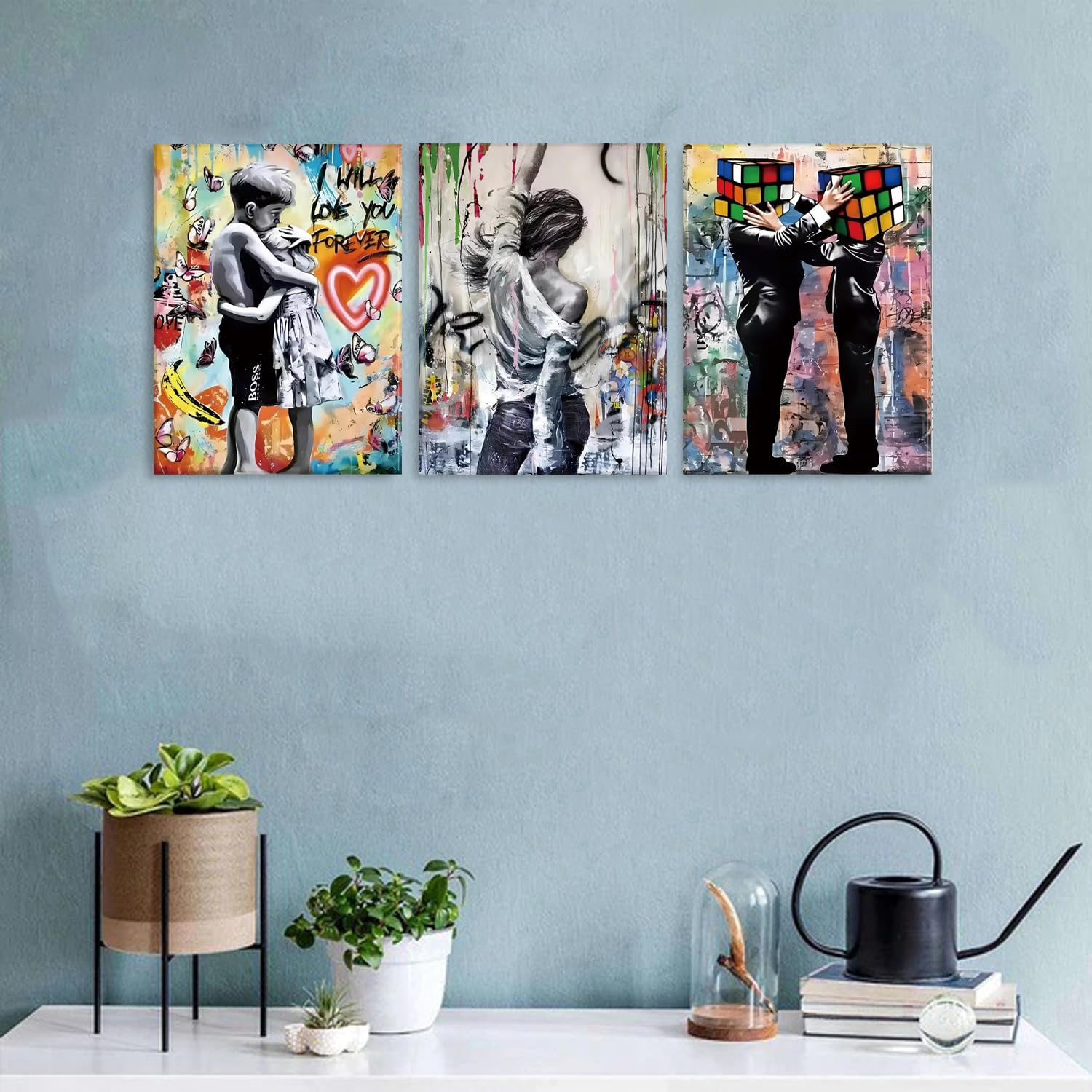 AIYISU Banksy Bilder Leinwand mit Rahmen, 30 x 40 cm 3 Teilig Banksy Poster Pop Art Bilder Moderne Bilder Wohnzimmer Abstrakte Gemälde Wandbild Schlafzimmer Flur - Fertig zum Aufhängen
