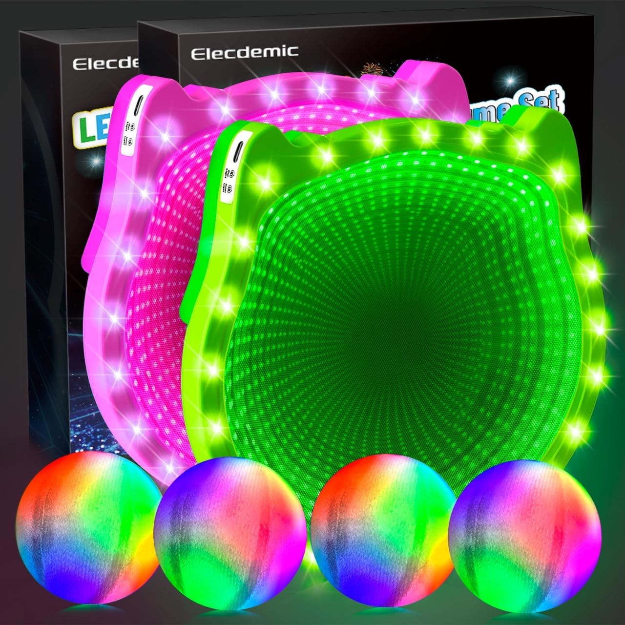 Bundle of 2(Two Paddles(Pink+Green) + Four Balls)-Elecdemic 3D LED Light Up Toss Catch Ball Game Set Toys for Back Yard Outdoor Party Favors Baseball Gift Age 3-12 Years Old Girls Boy Kid Family Adult