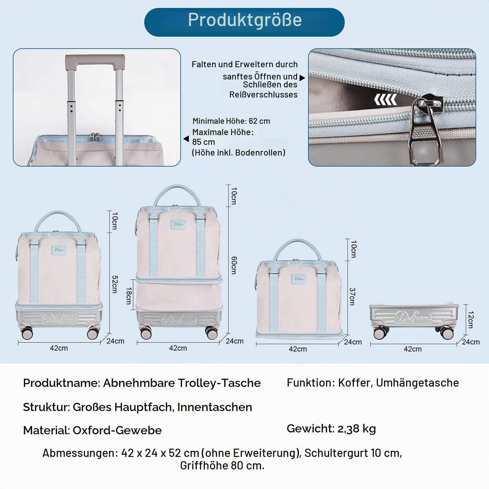 Hivexagon Faltbare Reisetasche mit Rollen, abnehmbaren Spinner-Rollen, erweiterbarem Fassungsvermögen, leicht und wasserdicht – ideal für Reisen und Shopping – Beige