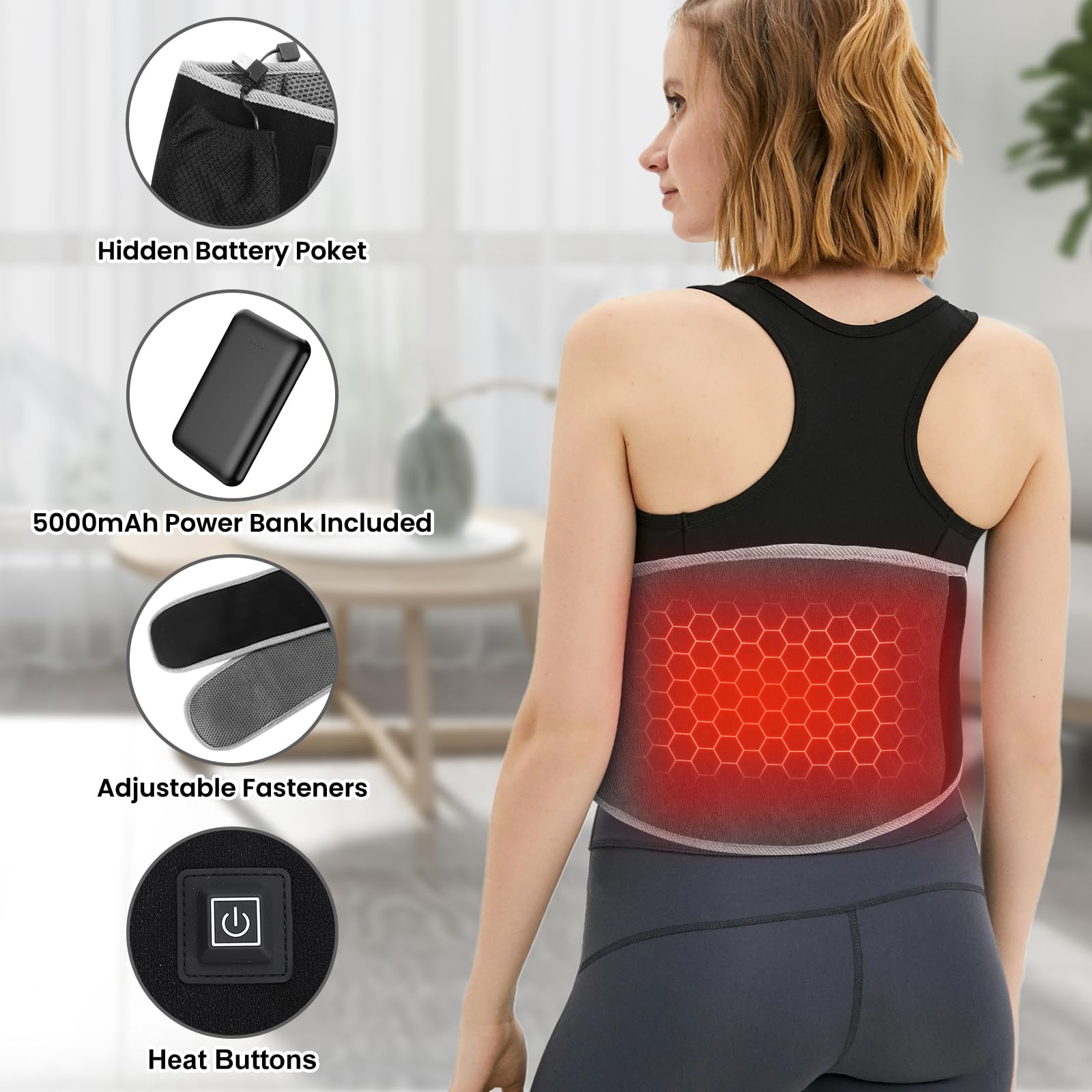 Graphène Ceinture Chauffante Lombaire avec Batterie 5000mAh, Coussin Chauffant avec 3 Niveaux de Température, Ceinture Lombaire Chauffante avec Arrêt Automatique