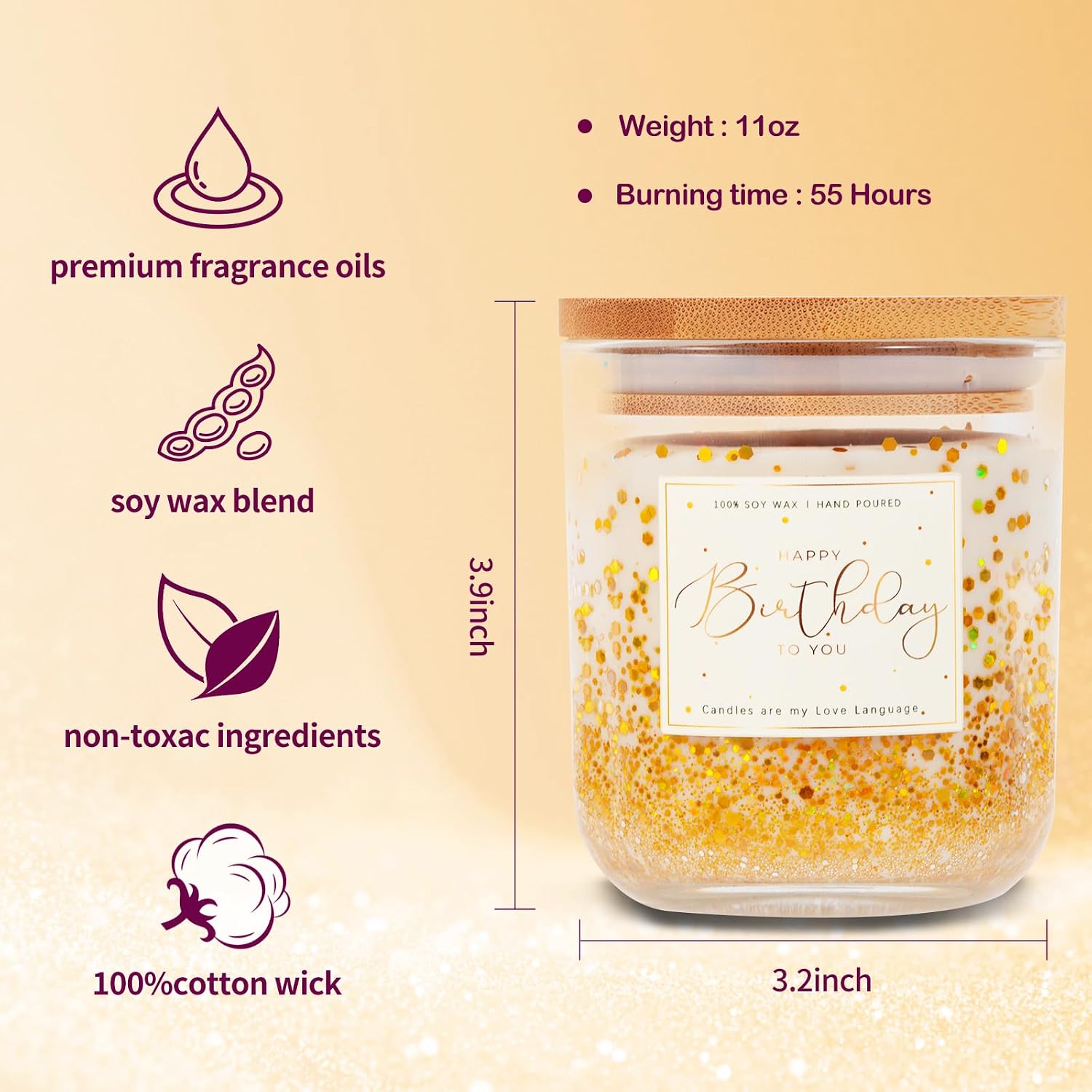 11oz Vanilla Scented Candle with Golden Glitter-Unique for Birthday